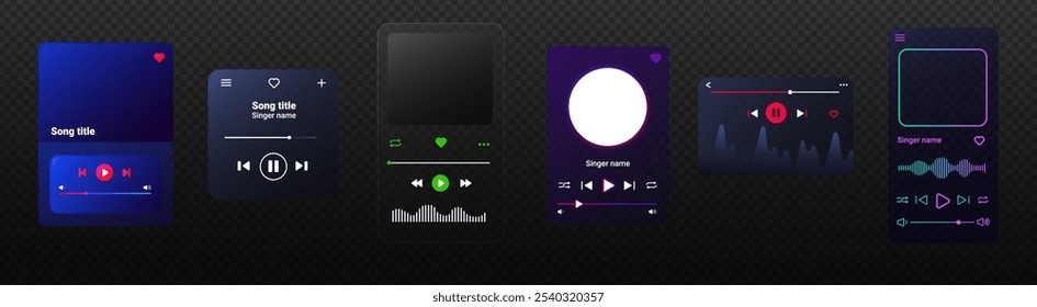 Interfaz de usuario de reproductor de música moderna y colorida con diseño degradado y Botones esenciales como reproducir, pausar, detener y rebobinar. Ideal para dispositivos móviles y de Web, lo que permite una fácil navegación por pista y control de lista de reproducción.