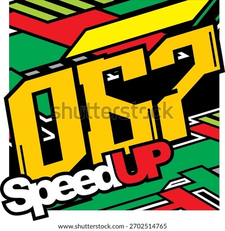 Modern colorful number 067 vector, SPEED UP text, abstract lines background.