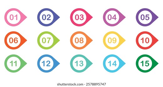 Modern colorful numbers button set. Numbers counting violet vector button icon design set. Markers with number 1 to 15 pointer with numbers isolated on white background. Vector illustration. EPS 10