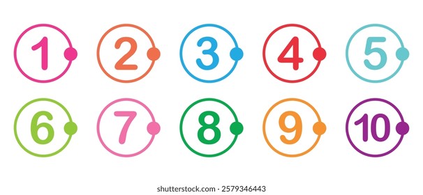 Modern colorful numbers button set. Numbers counting different colorful stroke vector button icon design. Set of colorful round 1 to 10 isolated on white background. Vector illustration. EPS 10	