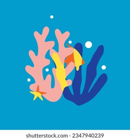 modern colorful ocean sea hand drawn coral illustration print for decorative canvas poster set - Vector