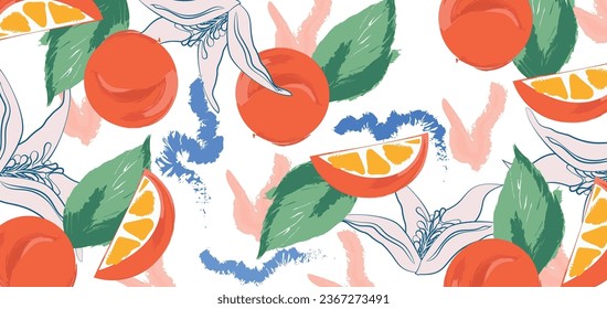 Modern and colorful Orange summer fruits and leaves brushed brushstroke style, seamless pattern vector, Design for fashion, fabric, textile, wallpaper, cover, web and all prints