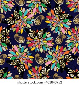 Modern colorful Paisley floral vintage elegant vector seamless pattern background wallpaper illustration with vintage  stylish beautiful  flowers , 3d Paisley ornaments on the dark blue  background.