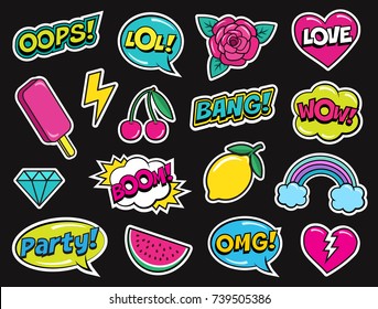 Modern colorful patch set on black background. Fashion patches of cherry, diamond, watermelon, ice cream, rose, rainbow, hearts, comic bubbles etc. Cartoon 80s-90s pop art style. Vector illustration