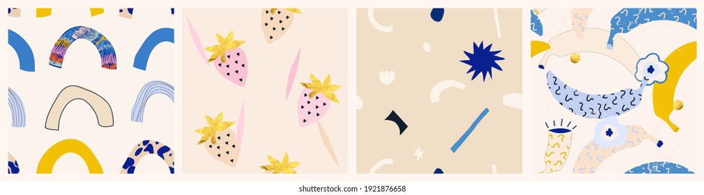 Modern colorful patterns. Hand drawn trendy abstract illustrations. Creative collage seamless patterns. 