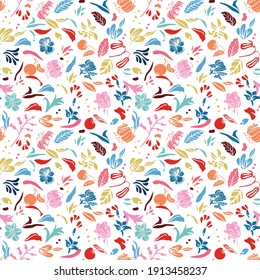 Patrón De Forma Moderna Y Colorida De La Planta. Fondo floral vectorial impecable. Diseño Floral De Mano Colorida. Envoltura Regalo, Papelería, Decoración Doméstica, Tela, Impresión. Vector EPS 10 Tile.