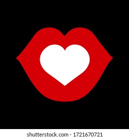 Modern colorful poster with heart inside the lips silhouette. Romantic symbol. Vector illustration.