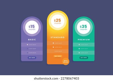 Plantilla de tabla de precios colorida y moderna. Plantilla de diseño vectorial de lista de precios. Gráfico de precios o plan de suscripción ui elementos web. Conjunto de tarifas para el sitio web. Alojamiento web de plan de precios 
