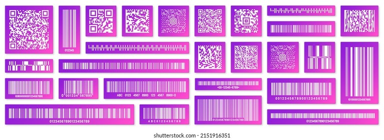 Modern colorful product barcodes and QR codes. Identification tracking code. Serial number, product ID with digital information. Store or supermarket scan labels, price tag. Vector illustration.