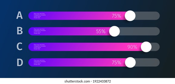 Modern colorful purple and blue glowing gradient 3d chart, graph, on dark background. Template for horizontal diagram, presentation. 4 Infographics elements. Vector illustration.