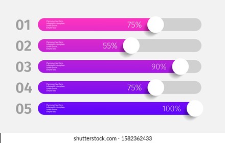 Modern colorful purple and blue gradient 3d chart, graph. Template for horizontal diagram, presentation. 5 Infographics elements. Vector illustration