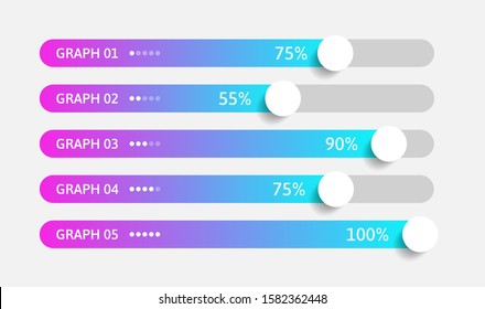 Modern colorful purple and blue gradient 3d chart, graph. Template for horizontal diagram, presentation. 5 Infographics elements. Vector illustration