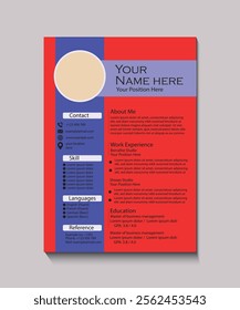 A modern, colorful resume template with sections for contact info, skills, languages, work experience, education, and references. Perfect for showcasing professional achievements.