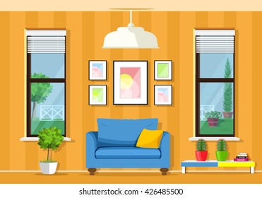 Modern colorful room interior with furniture: armchair, table, windows, flowerpots. Flat style vector illustration.