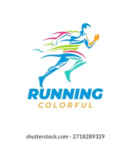 Logo moderno y colorido para correr con un atleta dinámico en movimiento. Ideal para marcas deportivas, clubes de fitness, eventos de maratón, comunidades de corredores, marca de estilo de vida activa y ropa deportiva.