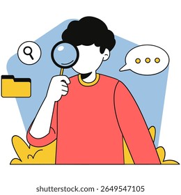 A modern and colorful scene showing a person using a magnifying glass, symbolizing the act of searching, thinking, and learning.