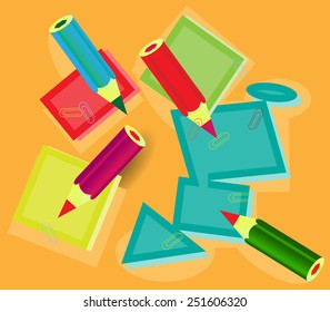 Modern, colorful, school supplies on orange background