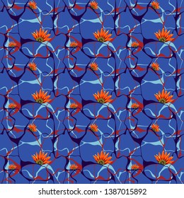 Modern colorful seamless pattern with flowers and curly lines.