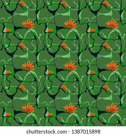 Modern colorful seamless pattern with flowers and curly lines.