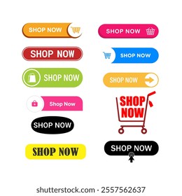 A modern, colorful set of call-to-action buttons with cart icons, perfect for online shops and websites. Designed for usability and visual appeal, these vector illustrations enhance website design.