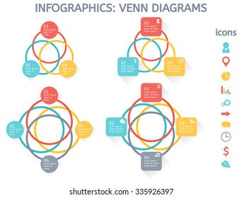 Modern colorful set of infographic elements for business including four venn diagrams and set of icons for people, geo location, pie chart, graphic, settings, arrow, talk, time, money and ecology.