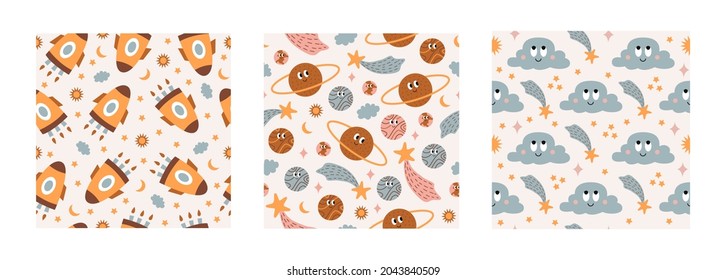 Modern colorful set  seamless pattern with space elements on pastel background. Cute vector cartoon illustration	