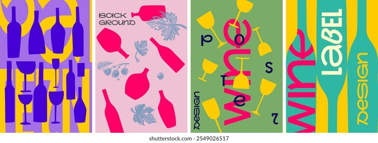 A modern and colorful set of wine posters featuring bold illustrations, abstract patterns, and playful typography, perfect for labels, banners, and creative events.