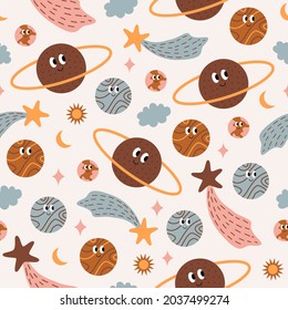 Moderno y colorido espacio, sin fisuras, con planetas sonrientes, estrellas, sol, luna sobre fondo pastel. Ilustración de dibujos animados de vector circular 