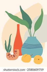 Modern and colorful still life composition featuring plants, vases and fruits over an abstract background, perfect for home decor, wall art and design projects