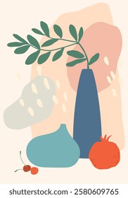 Modern and colorful still life composition featuring a plant in a vase, a pomegranate, cherries, another vase and abstract shapes in pastel colors creating a decorative and artistic scene