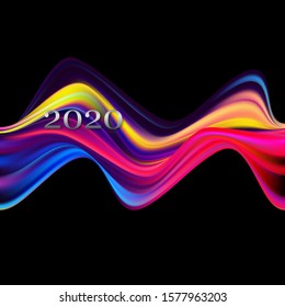 Modern colorful stream poster. Wave shape pink purple yellow liquid on a dark  background. Invitation template, Happy New Year.