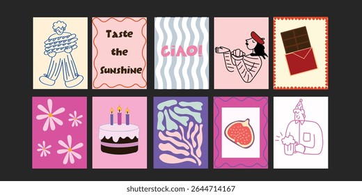 Modern Colorful summer bistro banners with trendy short phrases about fresh fruits, vegetables, flowers