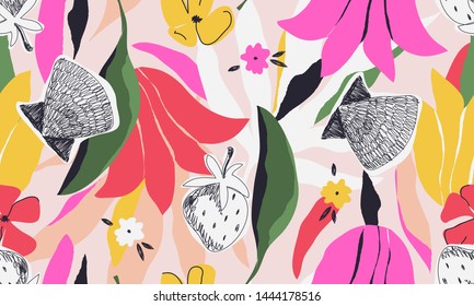 Modern colorful summer pattern. Creative collage contemporary floral seamless pattern. Fashionable template for design.