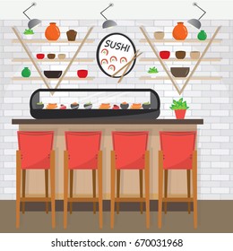 Modern colorful sushi bar design with equipment. Flat style vector illustration.