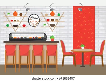 Modern colorful sushi bar design with equipment. Flat style vector illustration.