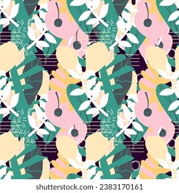 Modern colorful tropical floral pattern. Cute botanical abstract contemporary seamless pattern. Hand drawn unique print.
