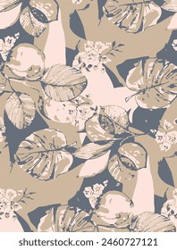 Modern colorful tropical floral pattern. Cute botanical abstract contemporary seamless pattern. Hand drawn unique print.