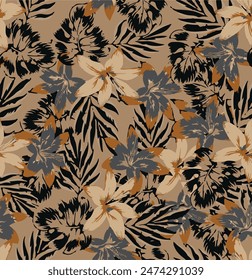 Modern colorful tropical floral pattern. Cute botanical abstract contemporary seamless pattern. Hand drawn unique print.