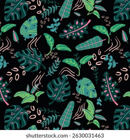 Modern colorful tropical floral pattern. Cute botanical abstract contemporary seamless pattern. Hand drawn unique print.
