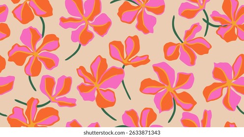 Modern colorful tropical floral pattern. Seamless patterns with flowers. For fabric, textiles, clothing, wrapping paper, cover, banner, interior decor, abstract backgrounds. Vector illustration.