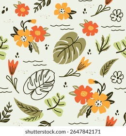 Padrão floral tropical colorido moderno. abstrato botânico perfeito, fundo moderno. um motivo natural, minimalista. ilustração vetorial. para impressão, banners, papel.