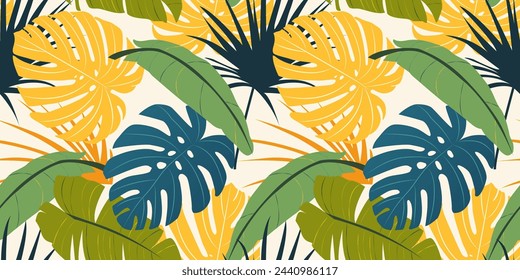 Modern colorful tropical pattern. Cute botanical abstract contemporary seamless pattern with exotic plants. Hand drawn unique print for wrapping paper, fabric print, wallpaper.