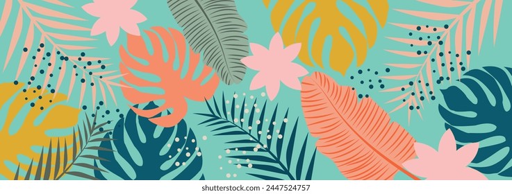 Modern colorful tropical pattern with leaves. Floral prints. Abstract Flora and Botany. Cute botanical abstract tropical background with leaves and flowers.