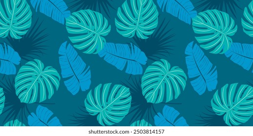 Modern colorful tropical pattern with leaves . Cute botanical abstract contemporary seamless blue pattern with exotic plants. Hand drawn unique print for wrapping paper, fabric print, wallpaper.