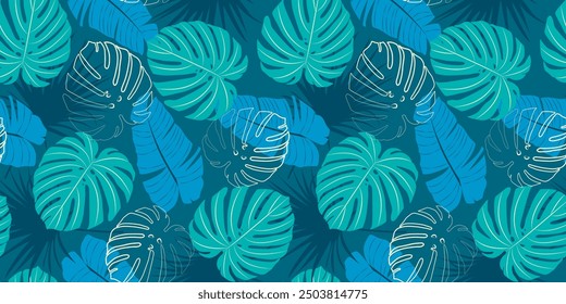 Modern colorful tropical pattern with leaves . Cute botanical abstract contemporary seamless blue pattern with exotic plants. Hand drawn unique print for wrapping paper, fabric print, wallpaper.