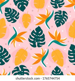 Modern colorful tropical seamless pattern with  monstera leaves,strelitzia,bananas leaves. Tropical wallpaper