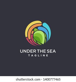 Modern colorful Turtle and coral reef logo vector, sealife logo icon vector template on dark bakcground