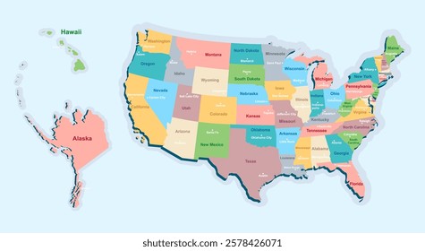 Modern colorful US map with state and city signatures.