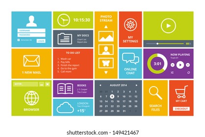 Modern colorful user interface vector layout in flat design with simple square windows, buttons, widgets and navigation icons.  Isolated on white background.