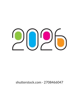 Un gráfico de Vector moderno y colorido que muestra el año 2026 con contornos negros gruesos y Formas redondeadas llenas de vibrantes colores verde, azul, magenta y naranja, sobre un fondo blanco,